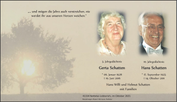 Traueranzeige von Gerta und Hans Schatten von Rheinische Post