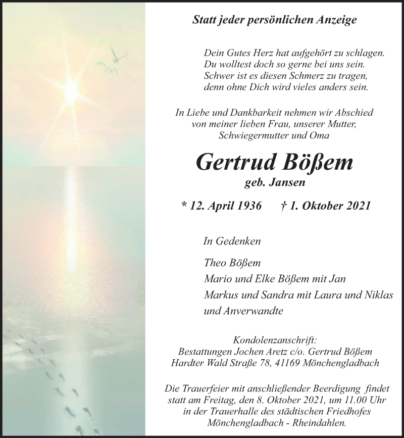  Traueranzeige für Gertrud Bößem vom 06.10.2021 aus Rheinische Post