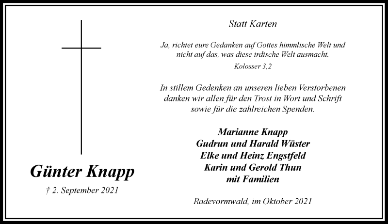  Traueranzeige für Günter Knapp vom 30.10.2021 aus Rheinische Post