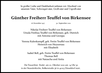 Traueranzeige von Günther Freiherr Teuffel von Birkensee von Rheinische Post