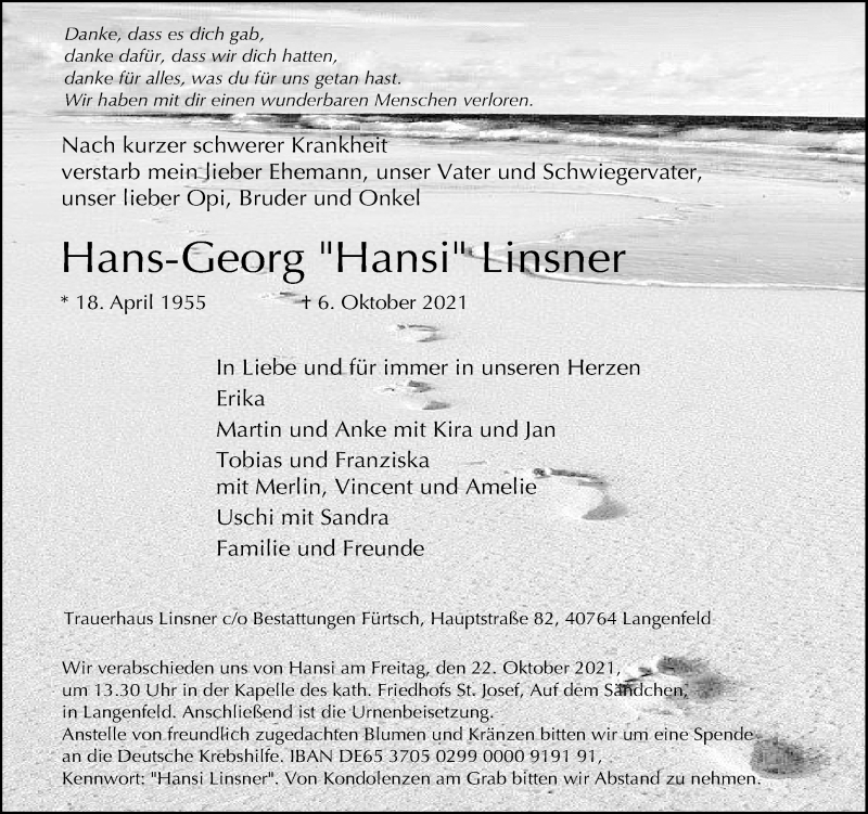  Traueranzeige für Hans-Georg Linsner vom 16.10.2021 aus Rheinische Post