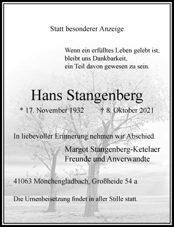 Traueranzeige von Hans Stangenberg von Rheinische Post