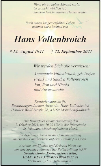 Traueranzeige von Hans Vollenbroich von Rheinische Post