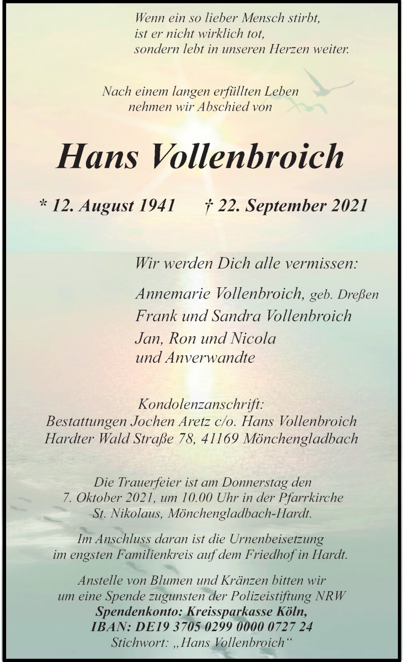  Traueranzeige für Hans Vollenbroich vom 02.10.2021 aus Rheinische Post