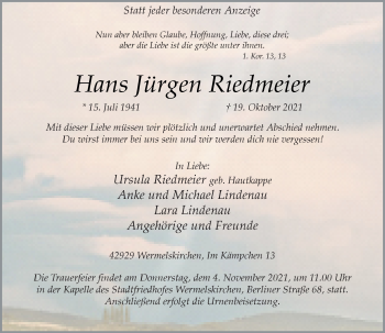 Traueranzeige von Hans Jürgen Riedmeier von Rheinische Post