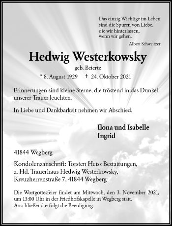 Traueranzeige von Hedwig Westerkowsky von Rheinische Post