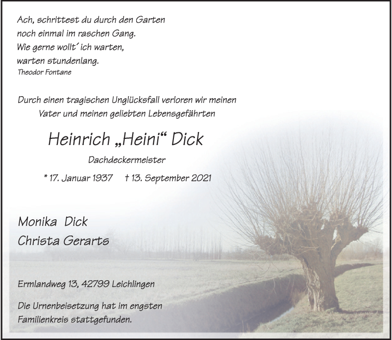  Traueranzeige für Heinrich Dick vom 16.10.2021 aus Rheinische Post
