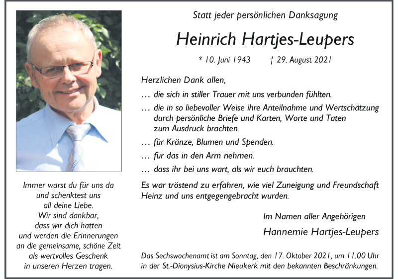  Traueranzeige für Heinrich Hartjes-Leupers vom 09.10.2021 aus Rheinische Post