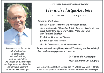 Traueranzeige von Heinrich Hartjes-Leupers von Rheinische Post