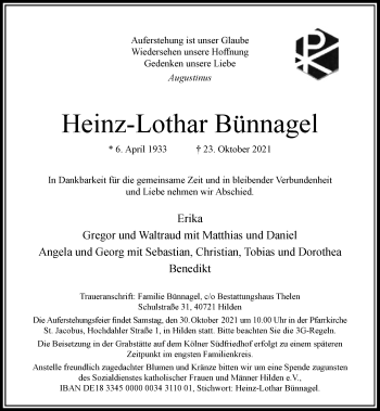 Traueranzeige von Heinz-Lothar Bünnagel von Rheinische Post