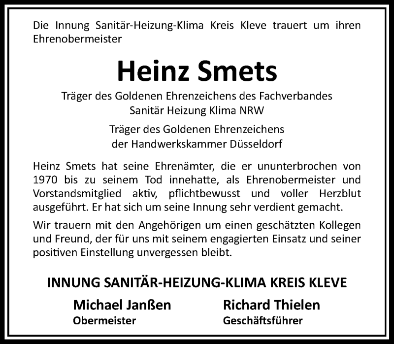  Traueranzeige für Heinz Smets vom 23.10.2021 aus Rheinische Post