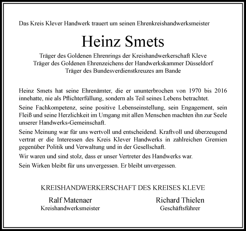  Traueranzeige für Heinz Smets vom 20.10.2021 aus Rheinische Post