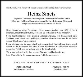 Traueranzeige von Heinz Smets von Rheinische Post