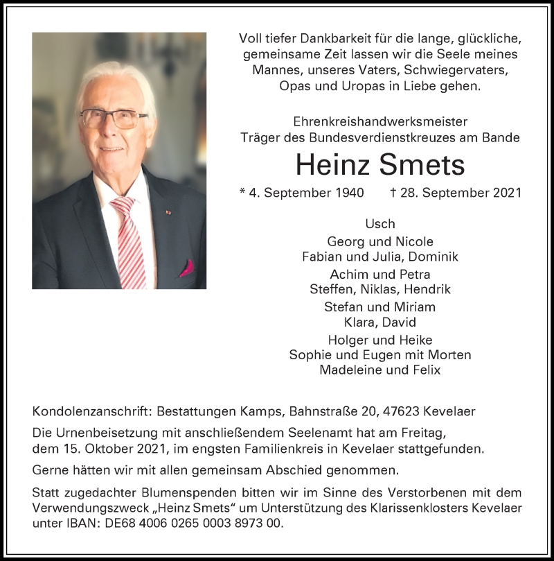  Traueranzeige für Heinz Smets vom 16.10.2021 aus Rheinische Post