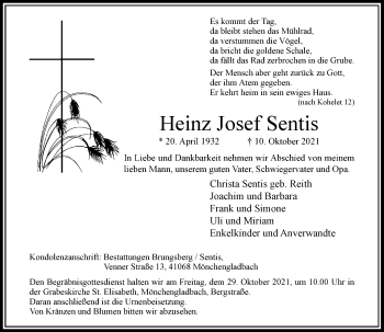 Traueranzeige von Heinz Josef Sentis von Rheinische Post