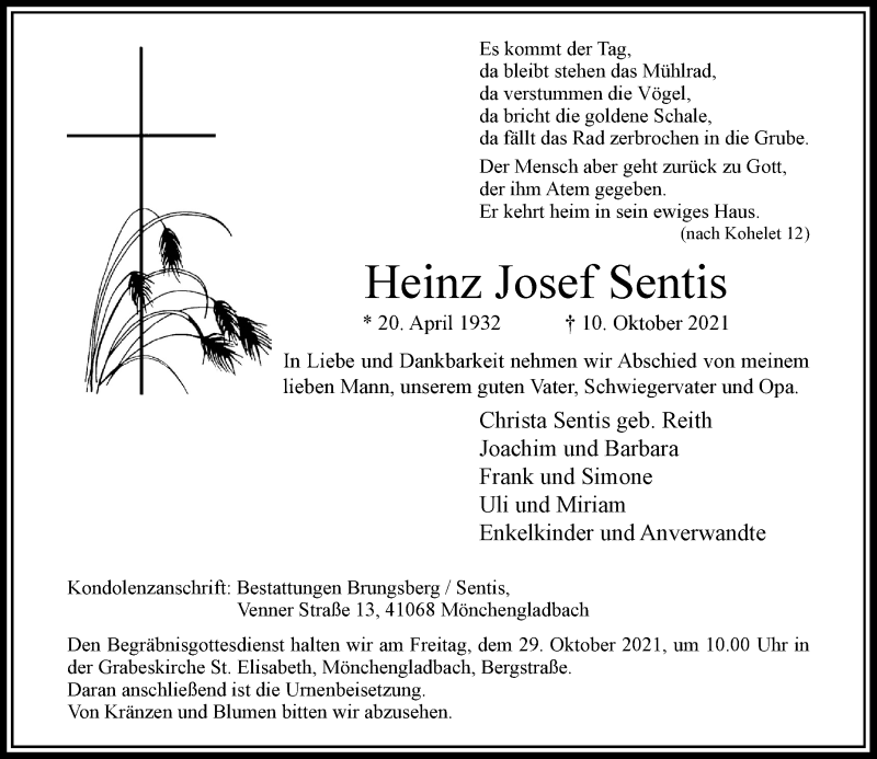  Traueranzeige für Heinz Josef Sentis vom 23.10.2021 aus Rheinische Post