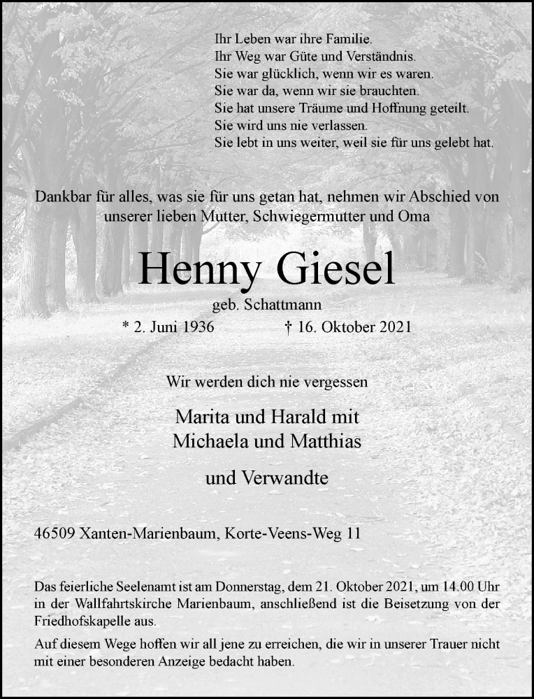  Traueranzeige für Henny Giesel vom 19.10.2021 aus Rheinische Post