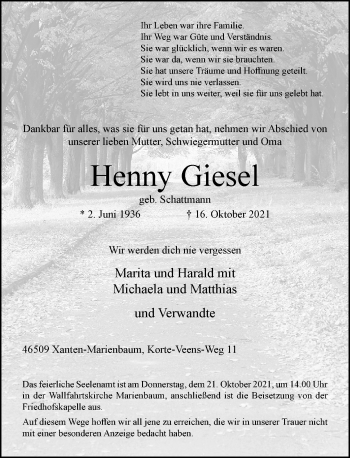 Traueranzeige von Henny Giesel von Rheinische Post