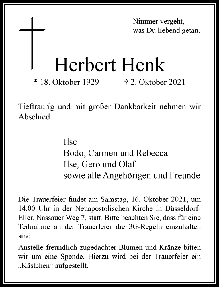  Traueranzeige für Herbert Henk vom 09.10.2021 aus Rheinische Post