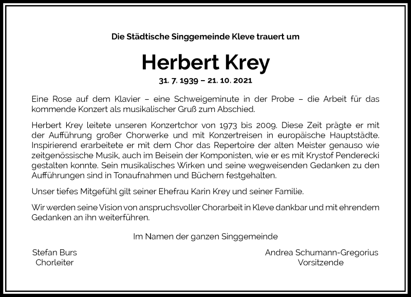 Traueranzeige für Herbert Krey vom 03.11.2021 aus Rheinische Post