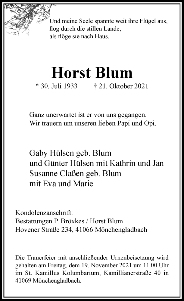 Traueranzeige für Horst Blum vom 06.11.2021 aus Rheinische Post