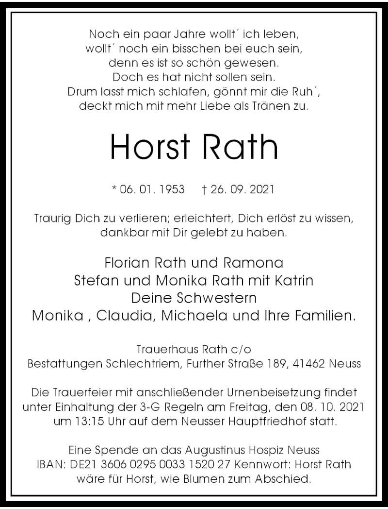  Traueranzeige für Horst Rath vom 02.10.2021 aus Rheinische Post