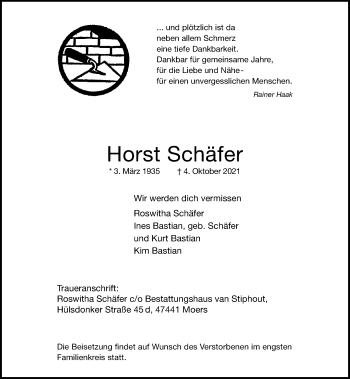 Traueranzeige von Horst Schäfer von Rheinische Post