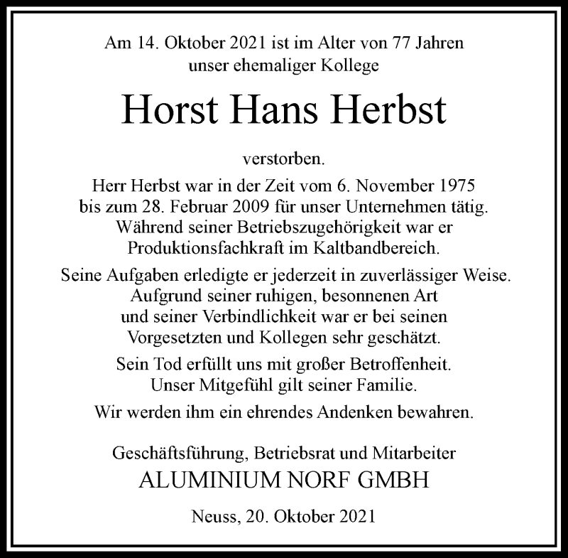  Traueranzeige für Horst Hans Herbst vom 20.10.2021 aus Rheinische Post