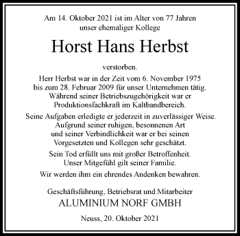 Traueranzeige von Horst Hans Herbst von Rheinische Post