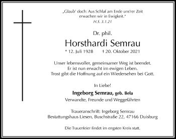 Traueranzeige von Horsthardi Semrau von Rheinische Post