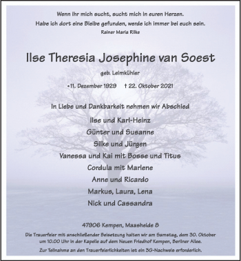 Traueranzeige von Ilse Theresia Josephine van Soest von Rheinische Post