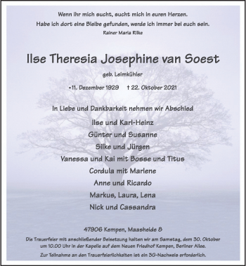 Todesanzeige von Ilse Theresia Josephine van Soest von Rheinische Post