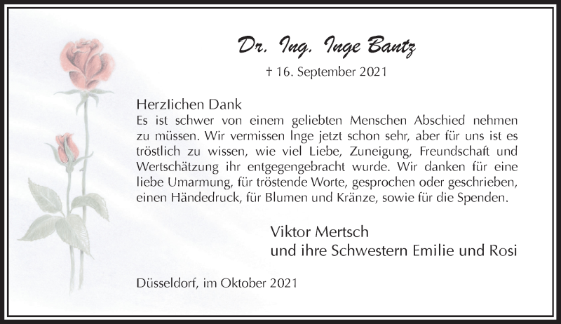  Traueranzeige für Inge Bantz vom 09.10.2021 aus Rheinische Post