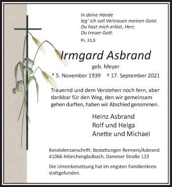 Traueranzeige von Irmgard Asbrand von Rheinische Post