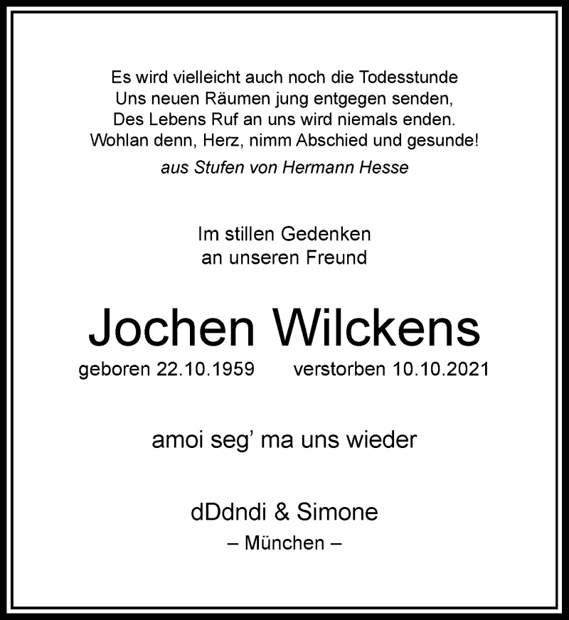  Traueranzeige für Jochen Wilckens vom 23.10.2021 aus Rheinische Post
