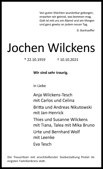 Traueranzeige von Jochen Wilckens von Rheinische Post