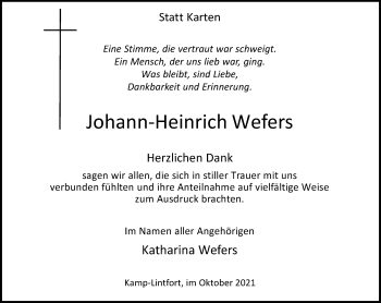 Traueranzeige von Johann-Heinrich Wefers von Rheinische Post