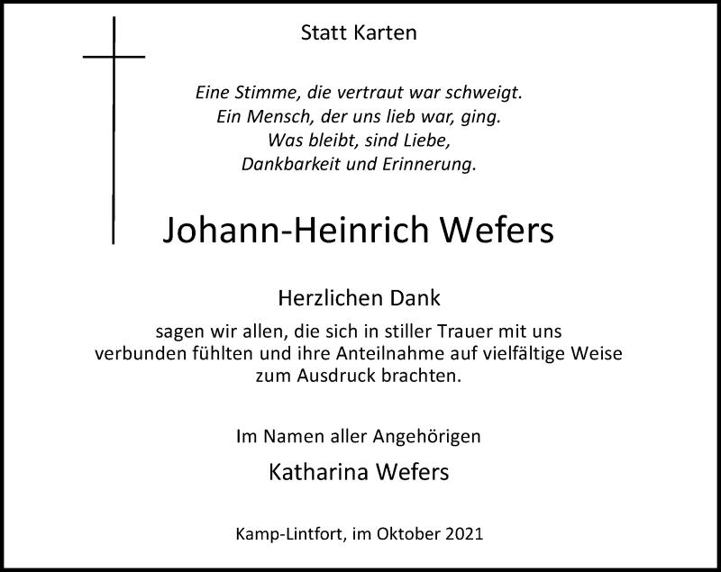  Traueranzeige für Johann-Heinrich Wefers vom 09.10.2021 aus Rheinische Post