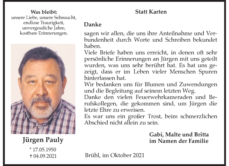  Traueranzeige für Jürgen Pauly vom 16.10.2021 aus Rheinische Post