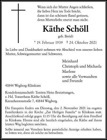 Traueranzeige von Käthe Schöll von Rheinische Post