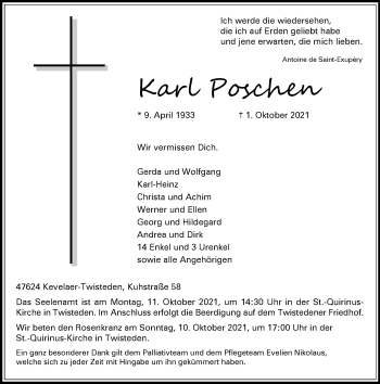 Traueranzeige von Karl Poschen von Rheinische Post