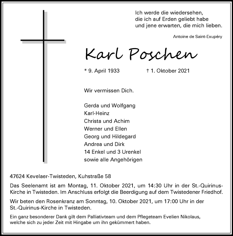  Traueranzeige für Karl Poschen vom 09.10.2021 aus Rheinische Post