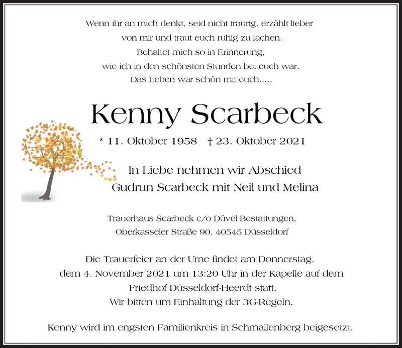  Traueranzeige für Kenny Scarbeck vom 27.10.2021 aus Rheinische Post