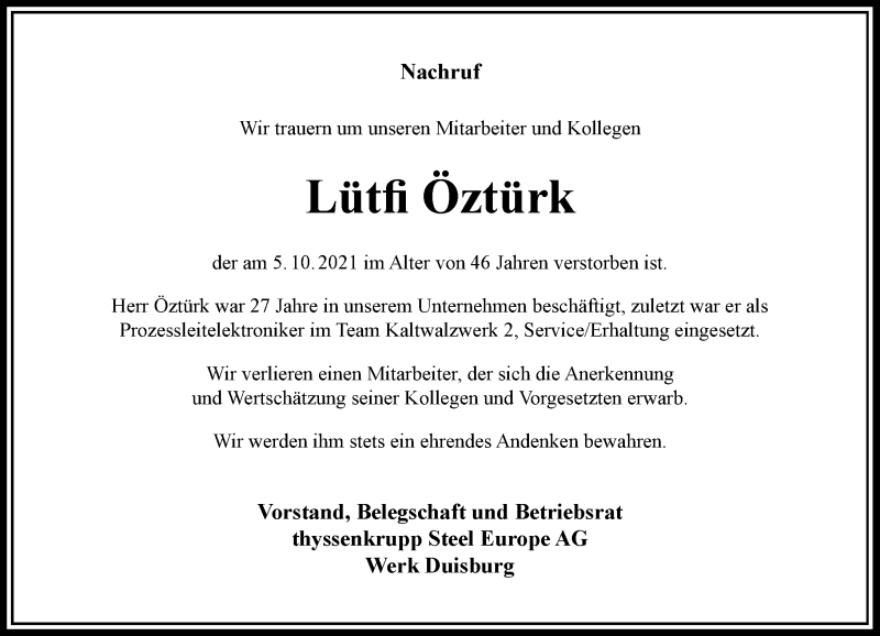  Traueranzeige für Lütfi Öztürk vom 16.10.2021 aus Rheinische Post