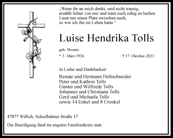 Traueranzeige von Luise Hendrika Tolls von Rheinische Post
