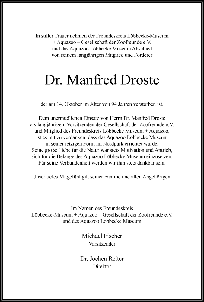  Traueranzeige für Dr. Manfred Droste vom 20.10.2021 aus Rheinische Post