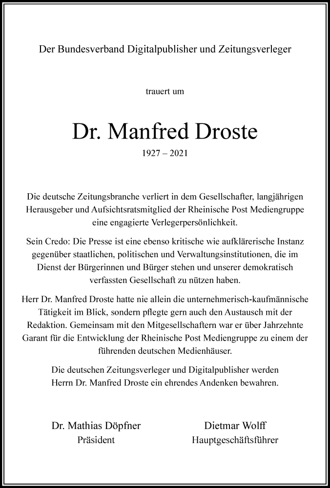  Traueranzeige für Dr. Manfred Droste vom 20.10.2021 aus Rheinische Post
