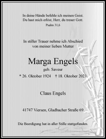 Traueranzeige von Marga Engels von Rheinische Post