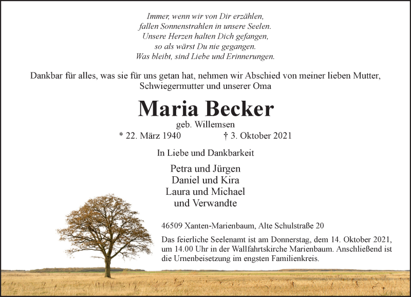  Traueranzeige für Maria Becker vom 06.10.2021 aus Rheinische Post