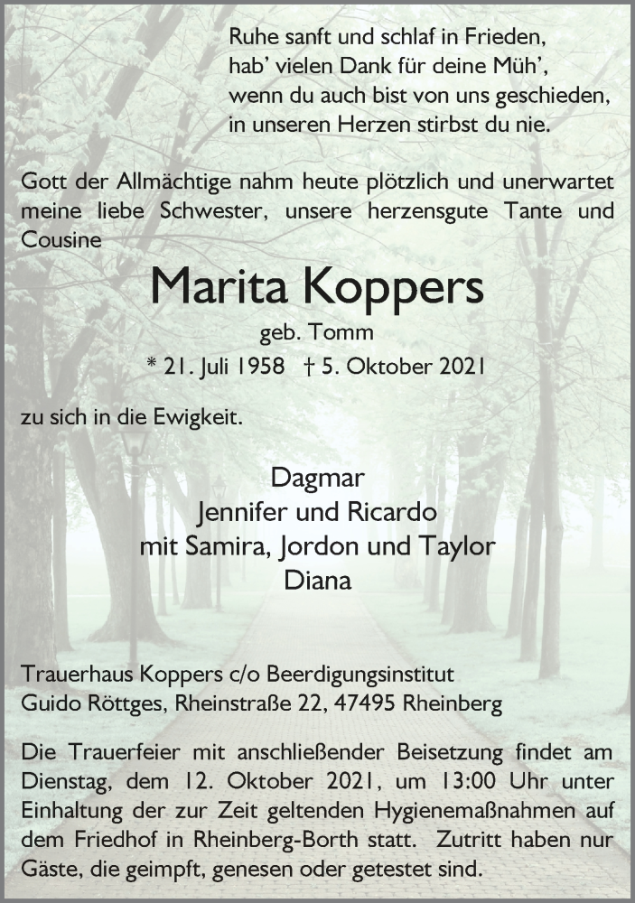 Traueranzeige für Marita Koppers vom 09.10.2021 aus Rheinische Post